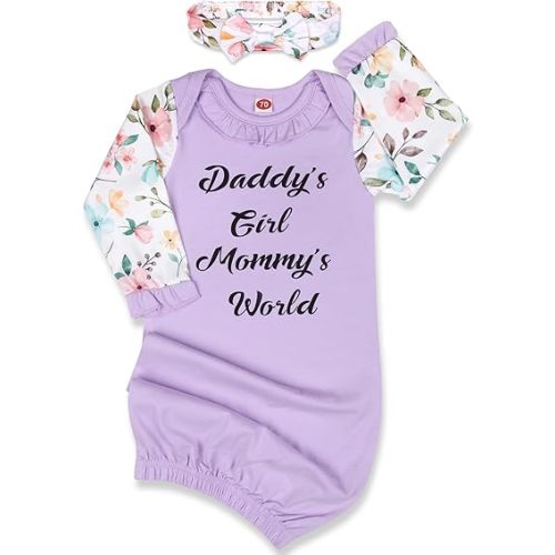 Newborn Gown Baby Girl 0-6 Months, Super Soft Baby Little Sister Sleeper Gowns, Babies Girls Nightgowns Coming Home Outfit Infant with Headband Set