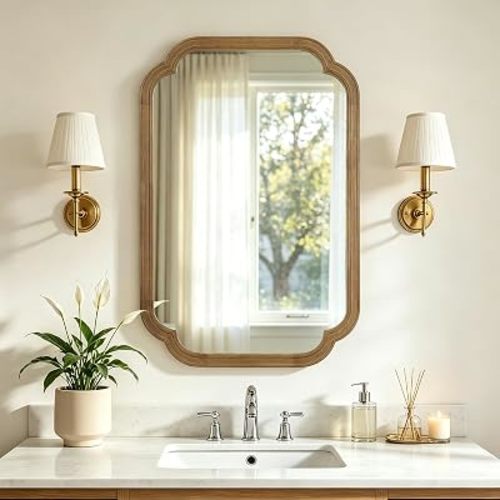 Wood Bathroom Mirror for Wall Decor Arched Rounded Corner Rustic Wood Frame Wall Mirror Home Decorative for Vanity, Living Room, Bedroom, Entryway (20 x 30 inch, Natural)