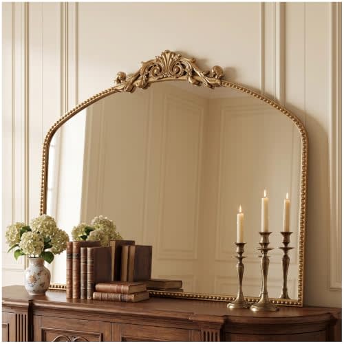 40"x30" Vintage Gold Wall Mirror, Beaded Baroque Mirror | Vintage Wide Horizontal Design, Metal Frame,Tempered Glass, Ideal for Living Rooms, Entryways, Bathrooms and Above Fireplaces