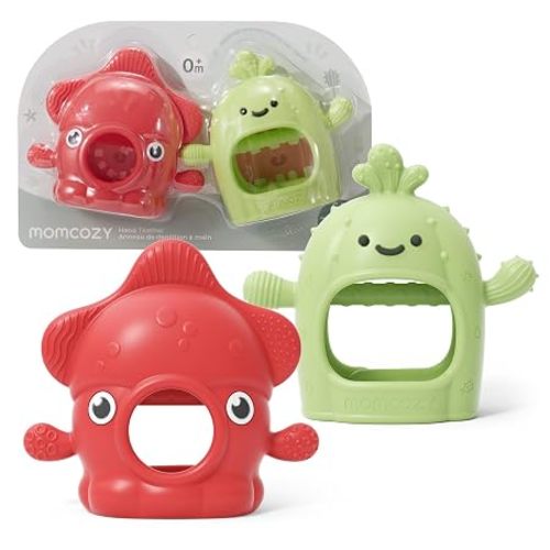 Momcozy 2 Pack Baby Teething Toys, Food Grade Silicone Baby Teethers for 0–12 Months, Baby Teether Mitten Wrist Teether Set, Easy Grip Teething Relief with Multiple Chew Points, Red&Grass Green
