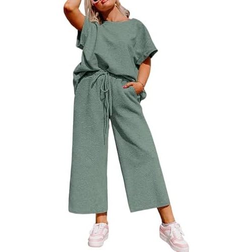 Eytino Womens Plus Size Sweatsuits Casual Short Sleeve Tops High Waist Wide Leg Pants 2 Piece Tracksuit Lounge Sets(1X-5X)