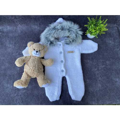 90s Vintage Knitted Winter Jumpsuit With Buttons And Fur Hood For Baby Girls/Boy 6-9 Months + Gift Soft Toy Bear.