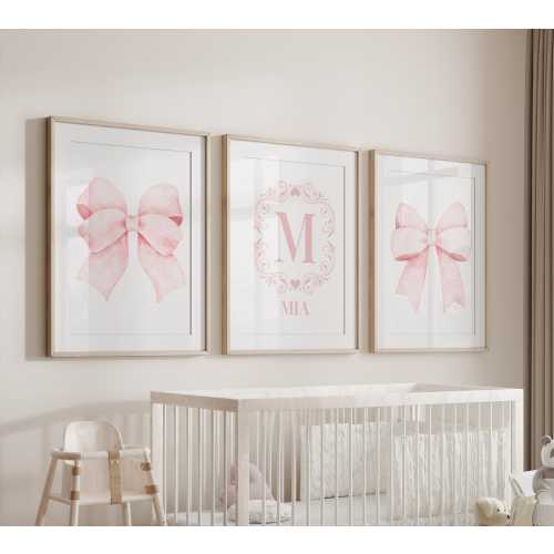 Vintage Pink Nursery Wall Art, Bow Nursery Decor, Custom Initial Name Art,  Set of 3 Prints,  Light Pink Nursery Decor, Bow Nursery Art 422G