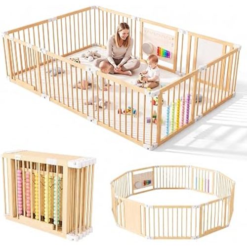 Wooden Baby Playpen, 94 x 63 x 24 Inch Foldable Wooden Play Yard for Babies