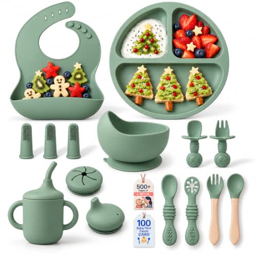 Remonda 17-Piece BPA-Free Baby Silicone Feeding Set | Extra Large Suction Plates, Toddler Bowls, Self Feeding Spoons, and More | Dishwasher Safe| Infant Led Weaning Supplies(Green)