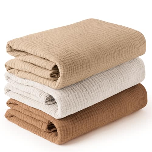 Konssy 3 Pack Muslin Swaddle Blankets for Unisex, Newborn Receiving Blanket, Large 47 x 47 inches, Soft Breathable Muslin Baby Swaddles for Boys & Girls