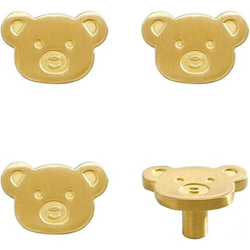 4Pcs Brass Knobs for Kids Cute Decorative Handles for Boys and Girls (Bear, Width: 1.5")