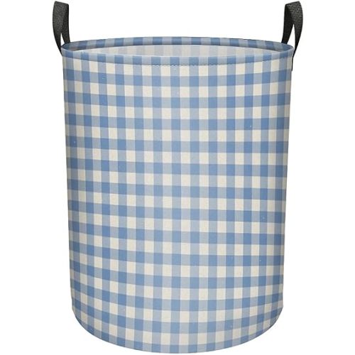 Blue Gingham Large Laundry Basket With Handles Foldable Clothes Bag,Stuff Bin Storage Organizer For Bathroom Bathroom Closet Clothing Toy Organization,60L