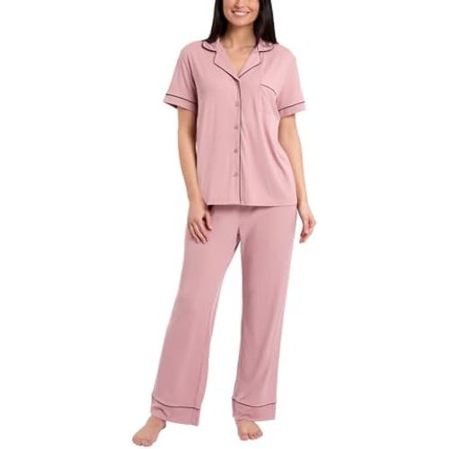 Nicole Miller New York Women's Pajamas 2 Piece Soft Ribbed Notch Collar Button Down PJ Set