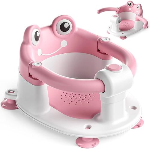 Baby Bath Seat for Babies 6 Months & Up - Toddler Bath Seats for Baby Sitting Up with 4 Suction Cups & Soft Cushion, Non-Slip Infants Shower Bathtub Chair for Newborn Girls, Pink