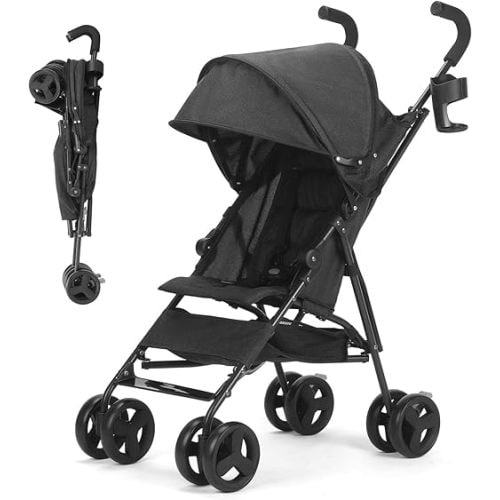 One-Handed Folding Lightweight Stroller, Large Storage Basket, Canopy, Cup Holder, Compact Umbrella Stroller Durable Frame, Travel Stroller for Airplane Ultra Overhead Friendly (Black)
