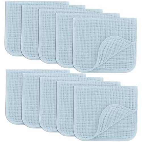 Comfy Cubs Muslin Burp Cloths 20" x 10", Pack of 10 - Large, 6-Layer, Ultra Absorbent 100% Cotton for Baby Drool and Messes - Soft, Safe & Gentle Baby Burp Cloths for Boys & Girls - Sky Blue