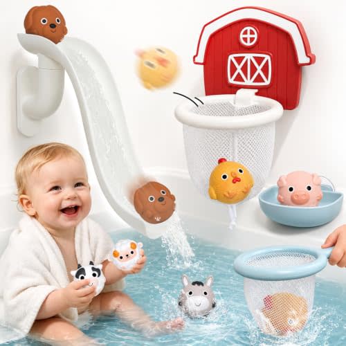 No Hole Bath Toys for Kids Ages 1-3, 6 Pcs Farm Animal Bathtub Toys with Basketball Hoop and Slide, Shower Play Set, Gifts for Boys and Girls