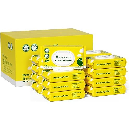 100% USA Cotton Baby Wipes for Sensitive Skin, 99% Purified Water Unscented Wet Wipes, Hypoallergenic & Plastic-Free, 1024 Count (16 Flip-Top Packs of 64)