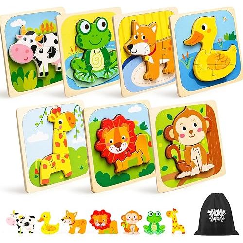 TOY Life Toddler Puzzles Ages 2-4, Wooden Puzzles for Toddlers 1-3, 7 Pcs Animals Puzzle 2 Year Old, Montessori Toddler Boys Girls Toys 2-3, Educational Gift Learning Toys for 2 Year Old