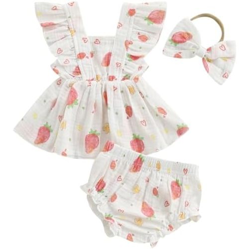 Mubineo Baby Girl Summer Clothes Cotton Linen Ruffle Tops Dress Shorts Outfits Toddler Shirt Bloomers Princess Outfit