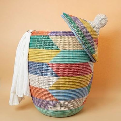 Extra Large Rainbow Basket, Hamper with Lid, Handwoven Basket,19 Inch Wide, 26 Inch Tall
