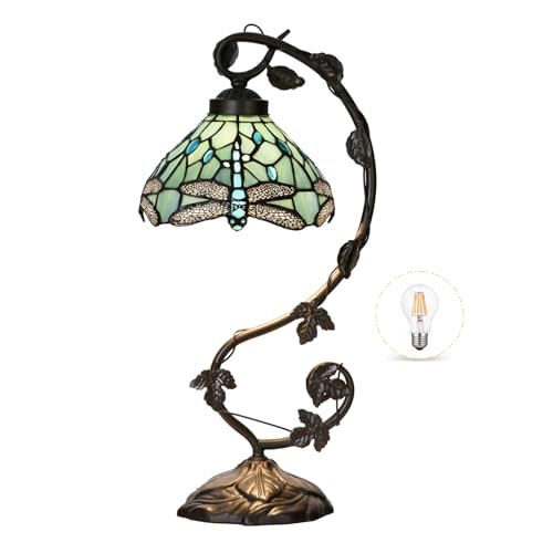 TL0024 Tiffany Style Dragonfly Stained Glass Table Lamp | Arched Vine Design for Bedroom Living Room, W 10 X H 20.5 Inches Overall, LED Bulb Included