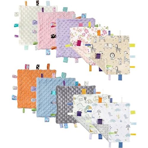 CREVENT Tag Security Blankets for Babies, Soft Small Loveys for Boys, Baby Comforter Sensory Blanket, Great Gifts for Birthday Baby Shower (10"X10" 10 Taggies)
