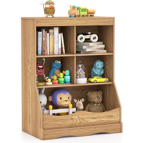 HONEY JOY Kids Toy Storage Organizer with Bookcase, 4-Cubby Organization Storage Cabinet w/Display Shelf, Wooden Toy Storage Unit for Playroom, Nursery Daycare (Natural)