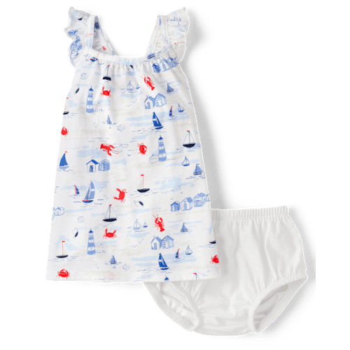 Baby Girls Nautical Flutter Dress - White