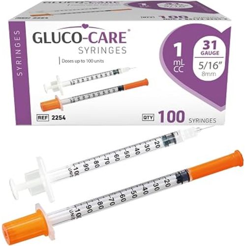 GLUCO-CARE 1 ml/cc Syringes 31G x 5/16’’ (8mm), Orange Cap, 100/box