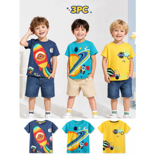 HILEELANG Toddler Boys T-Shirts 3 Pack, 100% Cotton Short Sleeve Tees for Kids 2-7T, Cute Space & Construction Vehicle Print Summer Tops for Little Boys