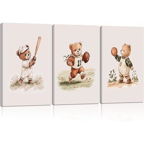 3Pcs Nursery Bear Canvas Wall Art Nursery Animal Poster Prints Teddy Bear Painting Boy Sports Picture Football Basketball Kids Room Artwork Wall Decor for Children Bedroom Playroom 16x24in Framed