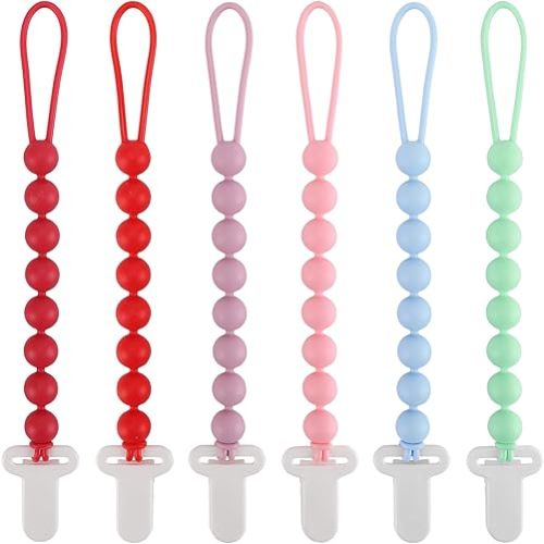 6-Pack Silicone Pacifier Clips for Babies, Safe Teething Beads, Rust-Free Holders, Baby Boy and Girl Essentials, Newborn Must-Have Accessories, BPA-Free (Pink)