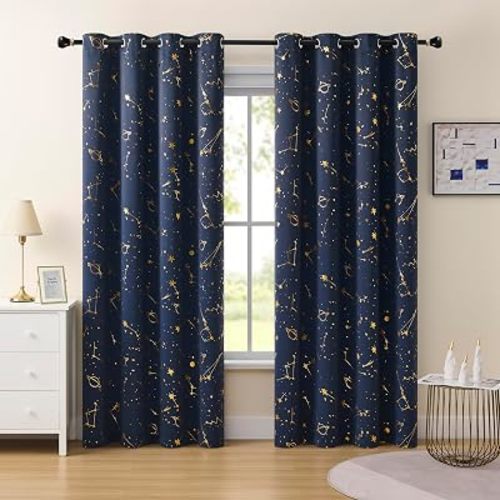 Stellar Metallic Full Blackout Window Curtain Panels 63 Inches Long Grommet Design for Kid Energy Efficient Thermal Insulated Window Treatment Set for Boy Bedroom/Nursery,52"x63"x2,Navy