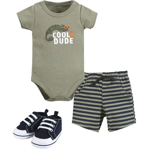 Hudson Baby Unisex Baby Cotton Bodysuit, Shorts and Shoe Set
