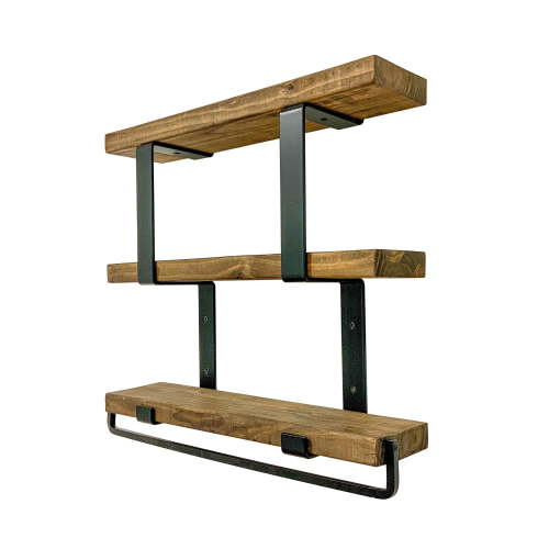 Woven Paths Three Tiered Zig Bracket Bathroom Shelf with Towel Rack, 24 in Dark Walnut