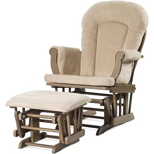 Child Craft Cozy Glider Rocker and Ottoman Set, Padded Cushion with Convenient Storage Pockets, Solid Wood Base & Frame (Dusty Heather with Beige Cushion)