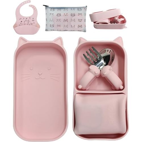 Cat Toddler Feeding Set, 2 Snap-Together Plates + Steel Utensils, Pink
