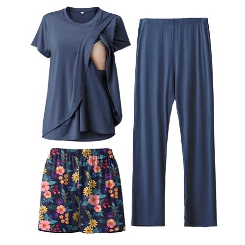 Rnxrbb 3 Piece Postpartum Nursing Pajamas Set Casual Soft Maternity Breastfeeding Pjs Sleepwear Loungewear Clothes Layer