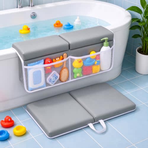 Bath Kneeler and Elbow Rest Pad Set, 1.5‑Inch Thick Memory Foam | Quick‑Dry Neoprene, 6 Suction Cups, Non‑Slip Base, 4 Organizer Pockets, Washable for Baby Bathing