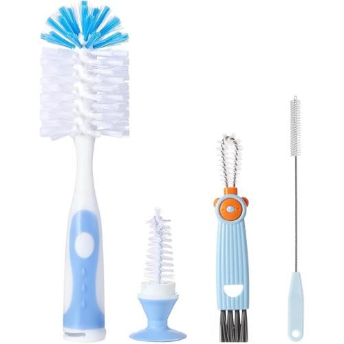 Baby Bottle Brush Set 4 in 1, Baby Bottle Cleaner, with 1P Nylon Bottle Brush, 1P Bottle Cap Brushes, 2P Straw Brushes, Bottle Brush with Nipple Cleaner and Suction Cup, BPA-Free(Blue)