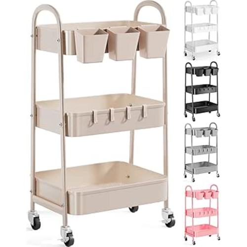 3 Tier Khaki Metal Utility Rolling Cart, Storage Cart with Handle and Lockable Wheels, Multifunctional Organizer Trolley with Mesh Storage Baskets for Kitchen, Office, Living Room, Laundry, Garage