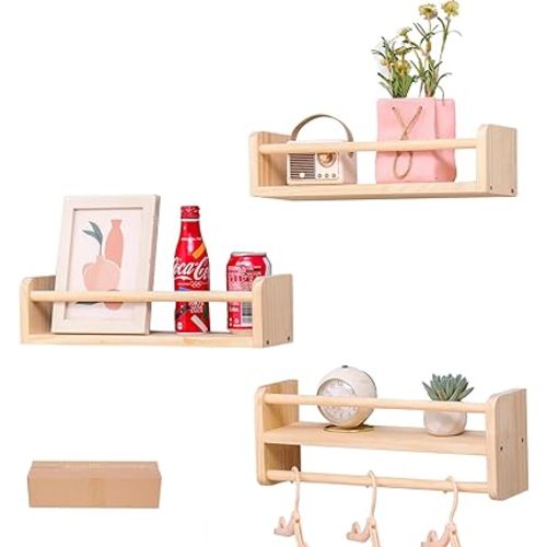 Wall mounted multifunctional storage rack, natural pine kindergarten bookshelf, furniture decoration rack, children's room floating bookshelf, bathroom, kitchen seasoning bracket (3-piece set)