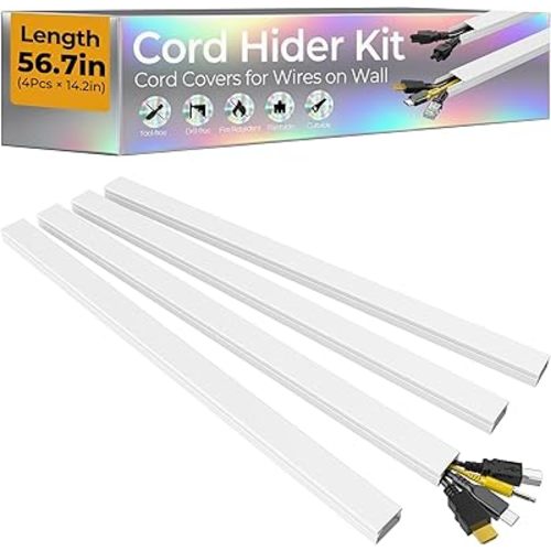 56.7in Cable Hider Cord Hider, Wire Covers for 2-4 Cords on Wall, Premium Cord Covers for Wires on Wall, Easy Set-up Wire Hider to Hide Tv Wires, Lamp, Speaker Cords, W0.95 H0.55in, White