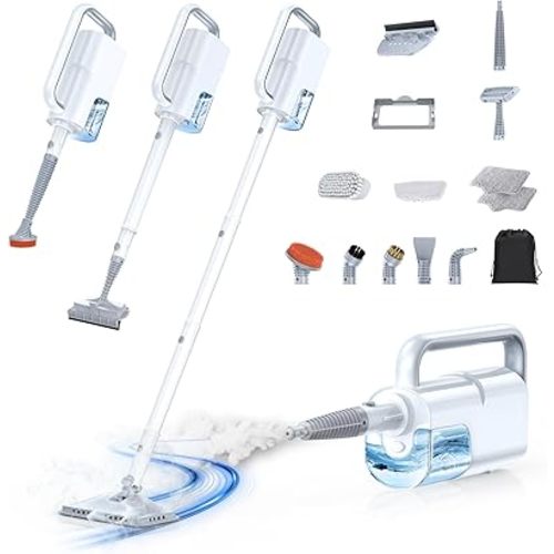 LABIGO 10-in-1 Steam Mop with Detachable Handheld Steamer, 350ml Tank, 10s Heat-Up, 248°F Steam Cleaner, 3-Level Control and Swivel Head for Floors, Carpets, Tiles, BBQ grill Multi-Surface Clean White