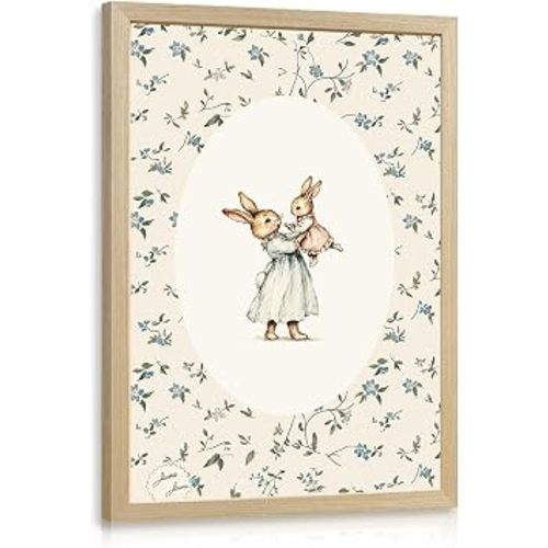 YZELY Vintage Bunny Nursery Wall Art, Mother and Baby Rabbit Wall Decor, Woodland Cottagecore Animal Poster Print, Neutral Floral Storybook Artwork for Baby Girls Bedroom Wood Framed 12x16 Inch