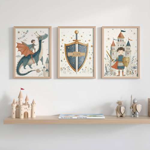 Personalised Fairy Tale nursery wall art | 3 prints, dragon, Shield and knight, boys bedroom decor digital downloads