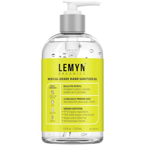 Lemyn Organics Medical‑Grade Hand Sanitizer Gel – 97 % Organic | 70 % USP Ethyl Alcohol | Moisturizing Aloe + Hyaluronic Acid | Freshly Made in USA | 12oz Bottle with Pump