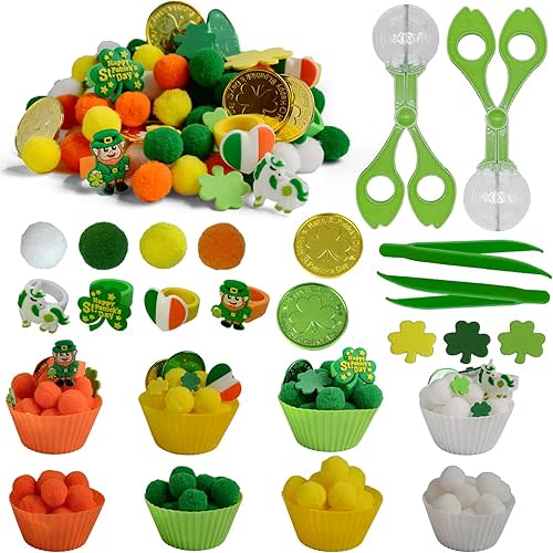 248 Pcs St. Patricks Day Sensory Bin Filler Fine Motor Toys Green Sensory Bin Items 120 Pompoms 80 Lucky Shamrocks Foam 30 Lucky Coins 6 Rings St. Patrick's Decor for Counting Sorting