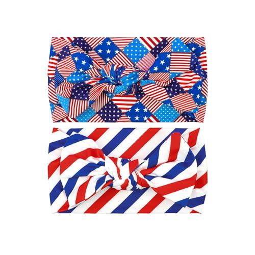 LemonSpace Handmade 4th of July Baby Bows Flag Star Print 2Pcs | Baby girls Stretchy Soft Infant Comfortable Hair Accessories for Newborn girls and boys,Toddler