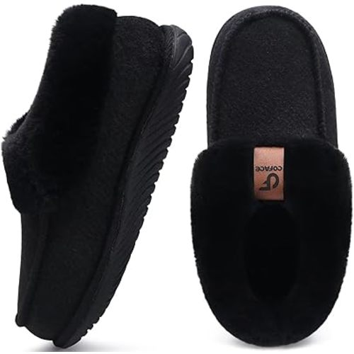 COFACE Women's Memory Foam House Slippers Arch Support Moccasin Winter Shoes Ladies Warm Fuzzy Faux Fur Collar With Indoor Outdoor Rubber Sole