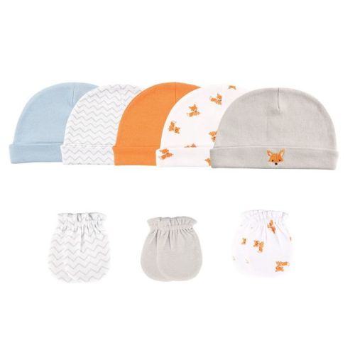 Luvable Friends Baby Boys Cotton Caps and Scratch Mittens 8pk, Fox, 0-6 Months