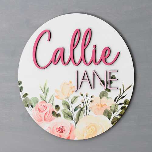 Baby Name Sign Round l Nursery Girl Sign l Boho Floral Pattern l Watercolor Roses l Floral Nursery Sign l Blush Floral Round Wood Sign