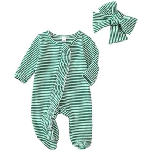 Newborn Baby Romper Infant Girl One-piece Outfit Waffle Ruffle Zip Footie Spring Summer Clothes With Bow Headband